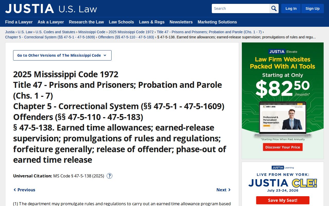 Mississippi earned-time statute used in Kemper County MDOC release-date review